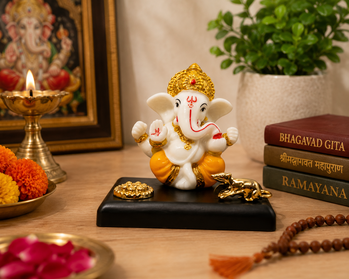 Lord Ganesha Idol, White, Yellow, Gold & Black