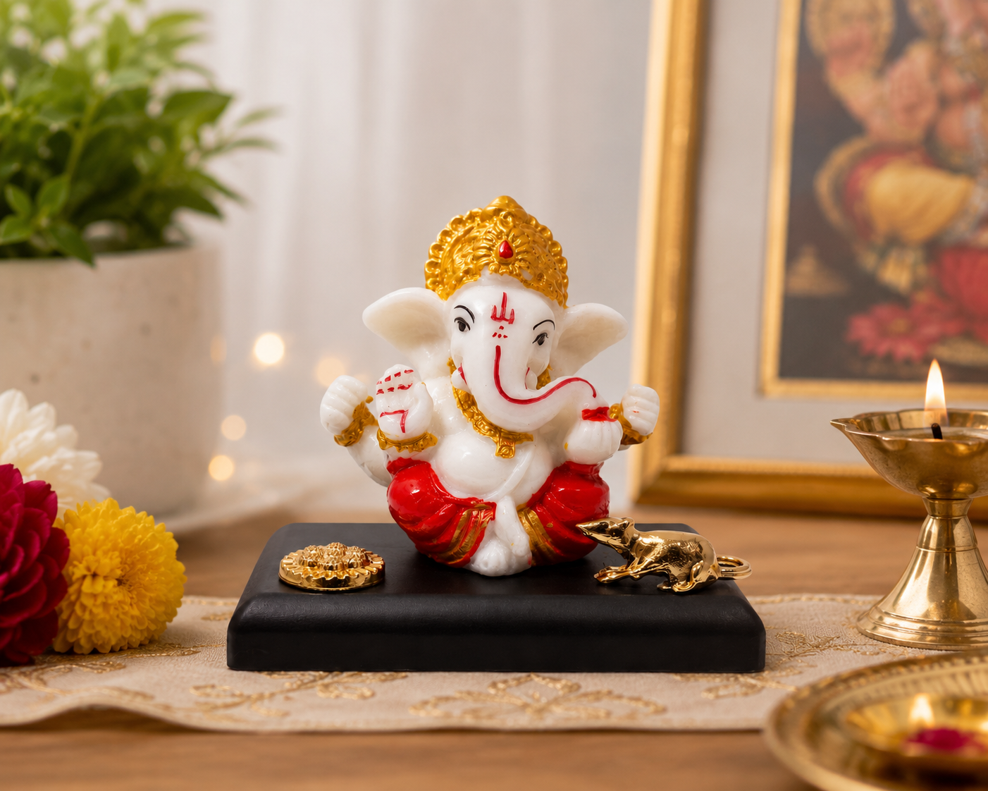 Lord Ganesha Idol with Golden Mouse & Lotus