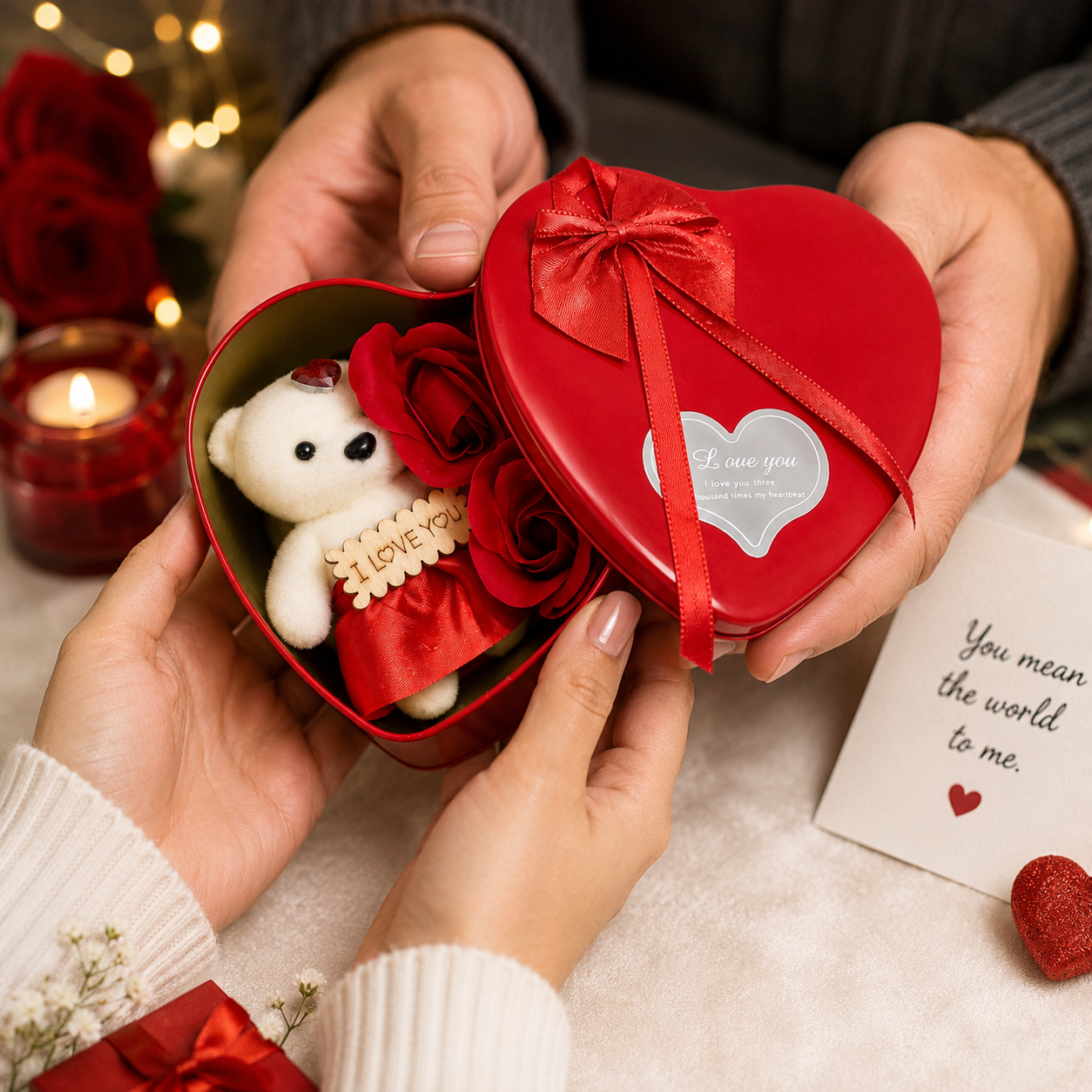 Heart Shape Teddy Bear Gift Box with Artificial Roses, Red
