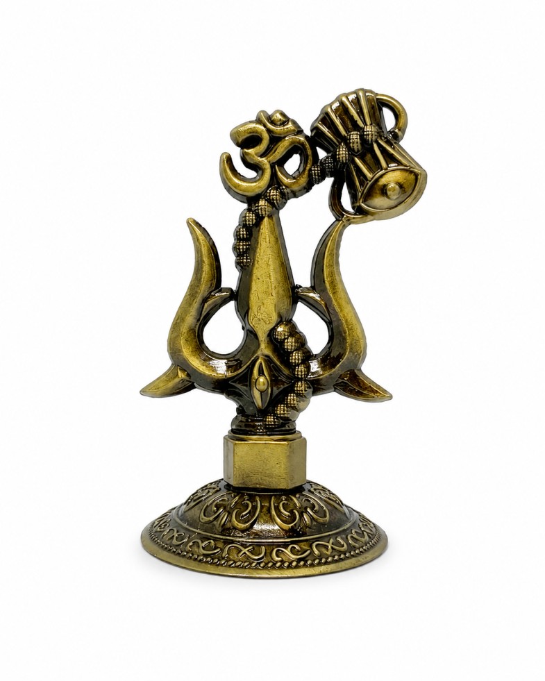 Om Damru Trishul Decorative Idol, Antique Gold Finish