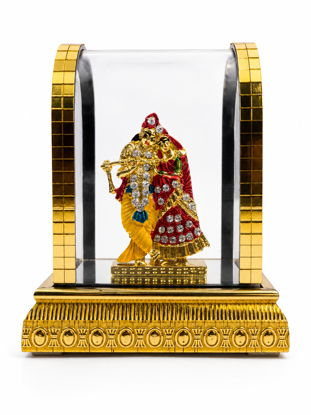 Radha Krishna Idol in Acrylic Glass Dome, Gold Plated