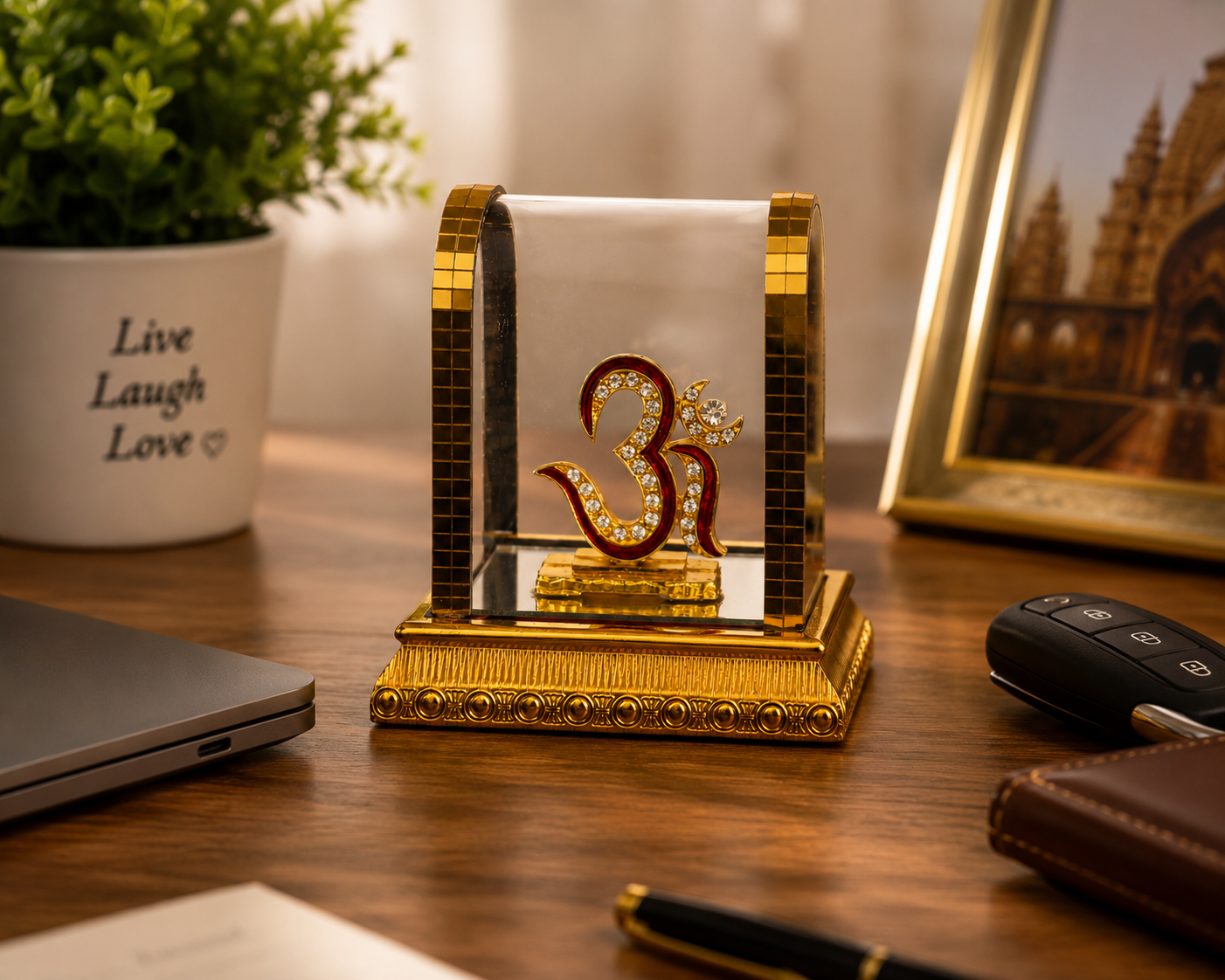 Om Symbol Crystal Showpiece, Golden Glass Frame, Spiritual Table Decor, For Home, Office, Temple, Gift