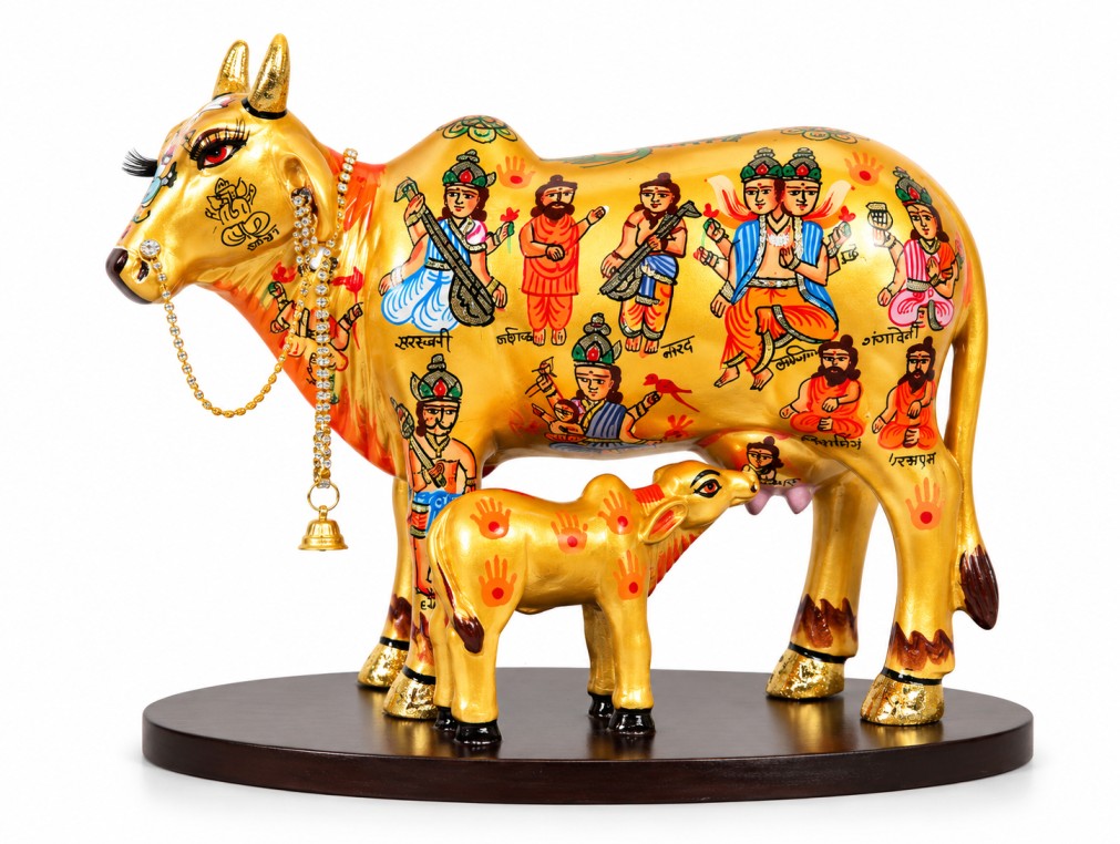Kamdhenu Cow with Calf – Metallic Gold