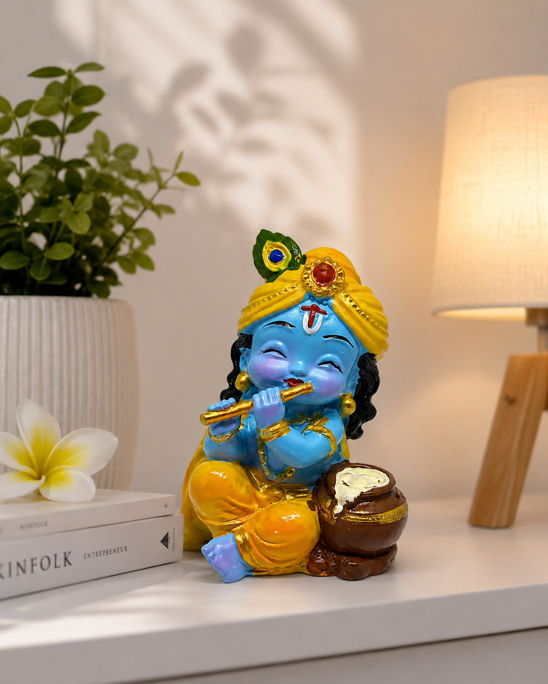 Baby Krishna Idol with Flute & Makhan Matki